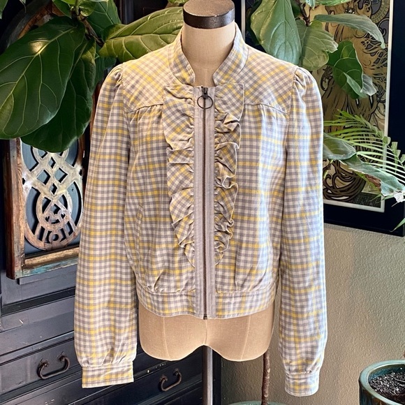 Anthropologie Idra Gingham Check Ruffled Lapel Zip Jacket. Bomber cut - Picture 1 of 13